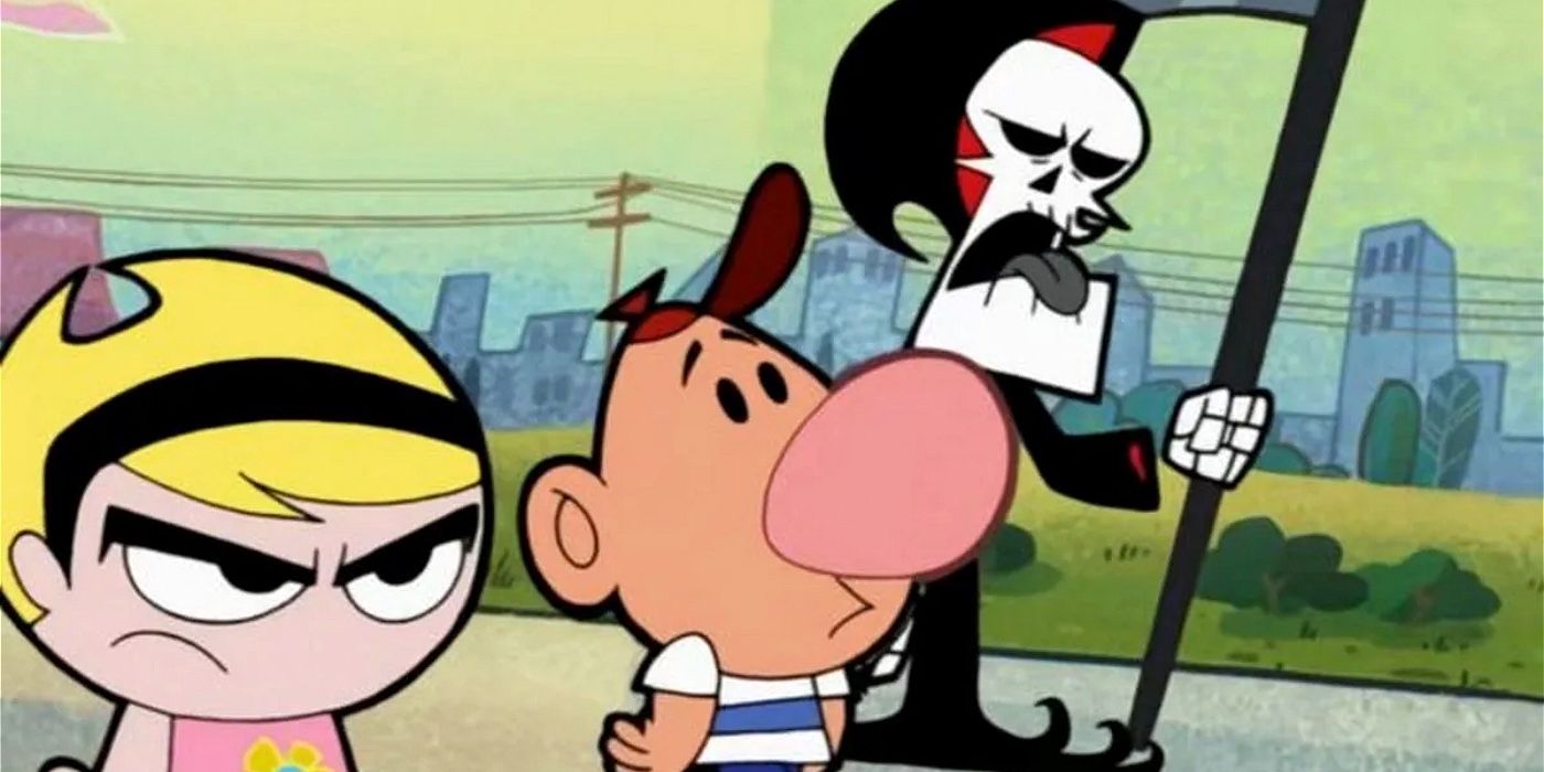 Billy, Mandy, and the Grim Reaper walking on the side walk in The Grimm Adventures Of Billy And Mandy