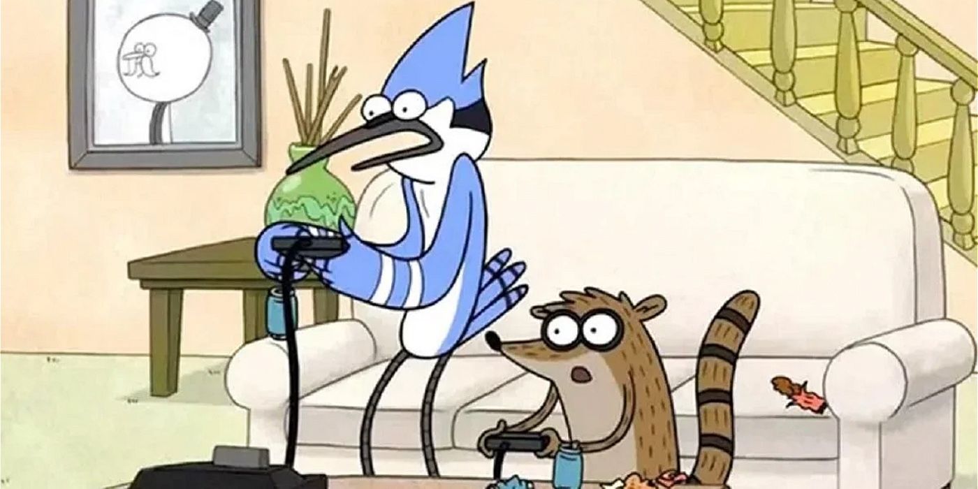 Mordecai and Rigby playing video games in the Regular Show.