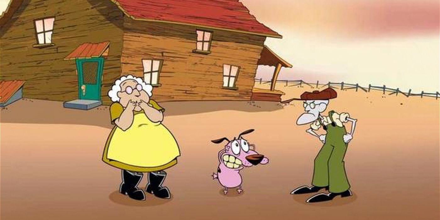 Courage, Eustace, and Muriel standing outside their farmhouse in Courage the Cowardly Dog.