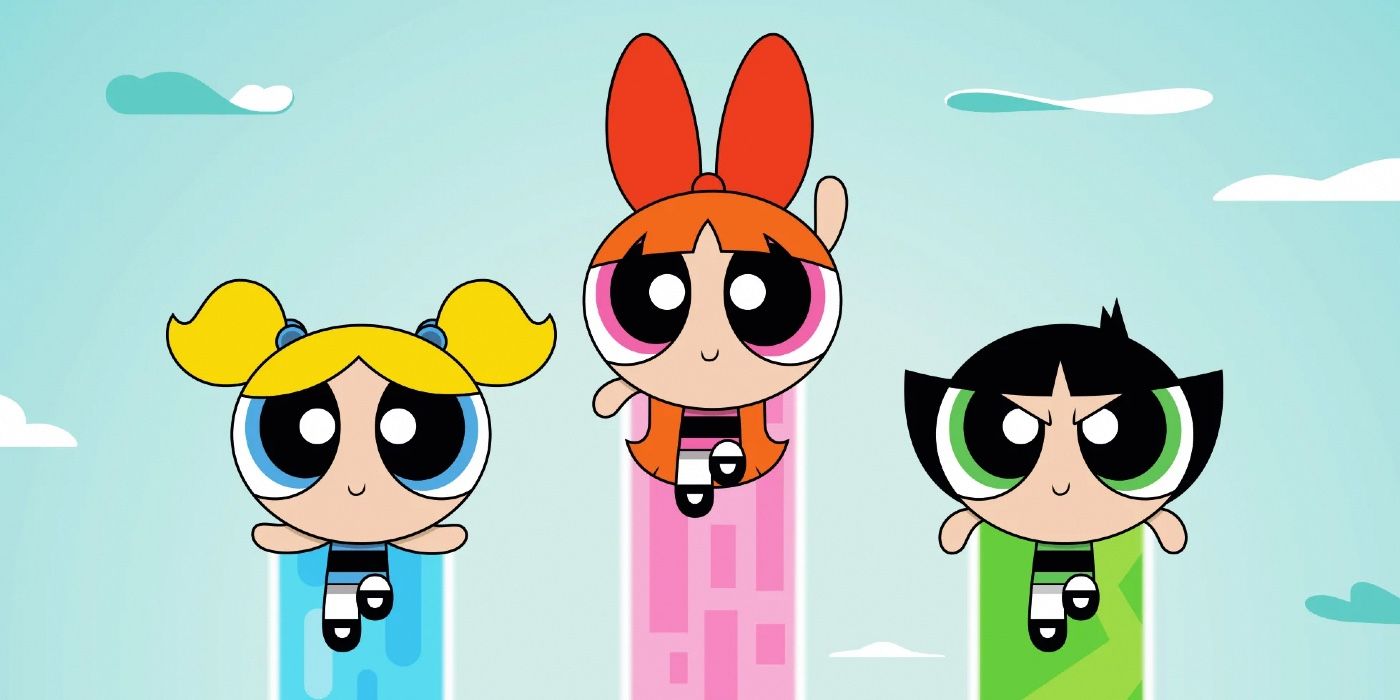 Blossom, Bubbles, and Buttercup flying in The Powerpuff Girls.