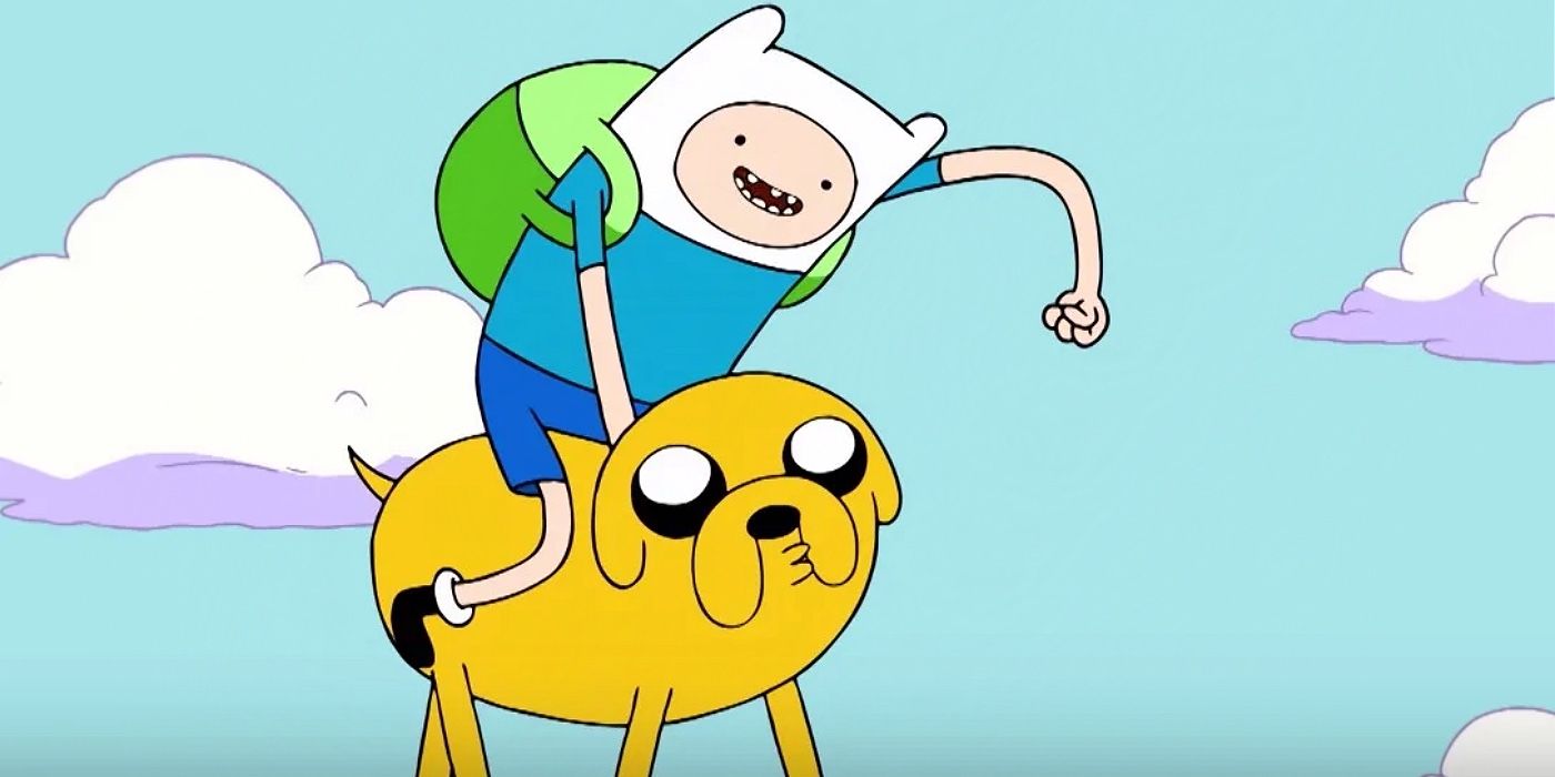 Finn riding on Jake's back in Adventure Time.