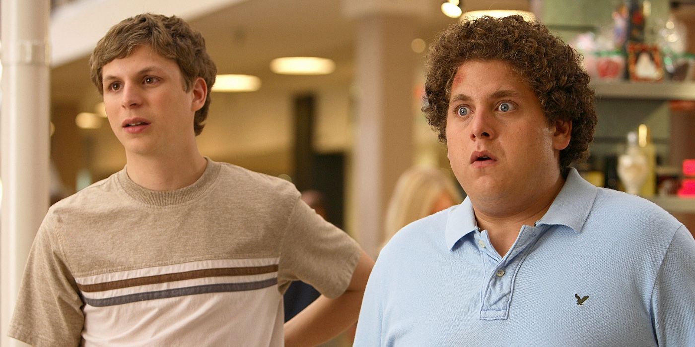 Seth (Michael Cera) and Evan (Jonah Hill) look embarrassed in Superbad.