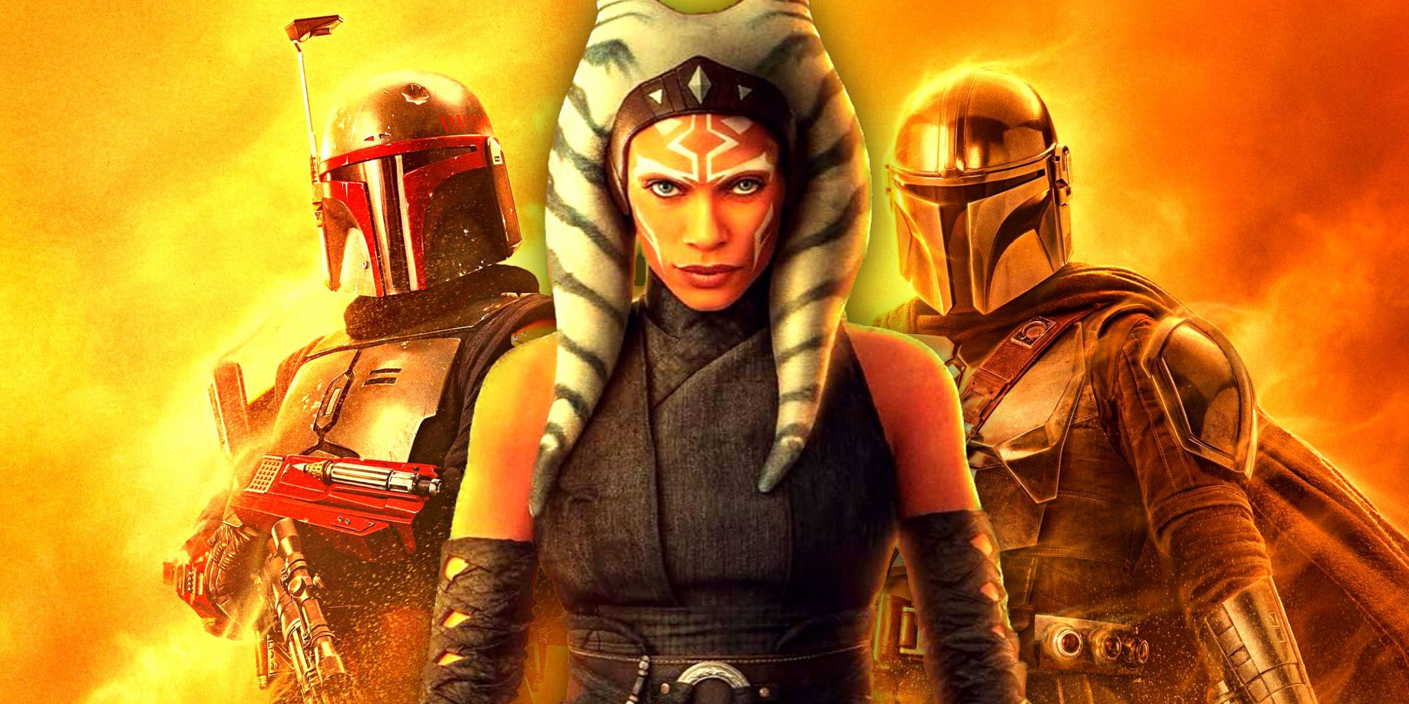 Ahsoka's Mandalorian season 2 poster stands in the foreground, with Boba Fett and Din Djarin standing in the background.