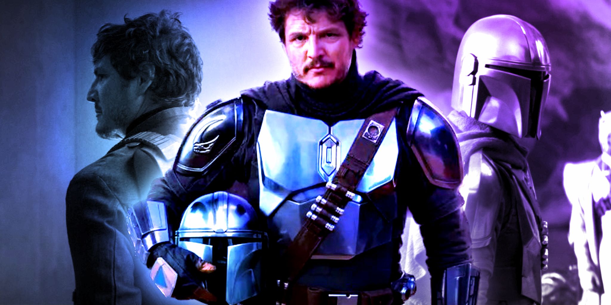 Pedro Pascal as Din Djarin with his helmet in the foreground, with Morak Din and helmeted Din in the background.