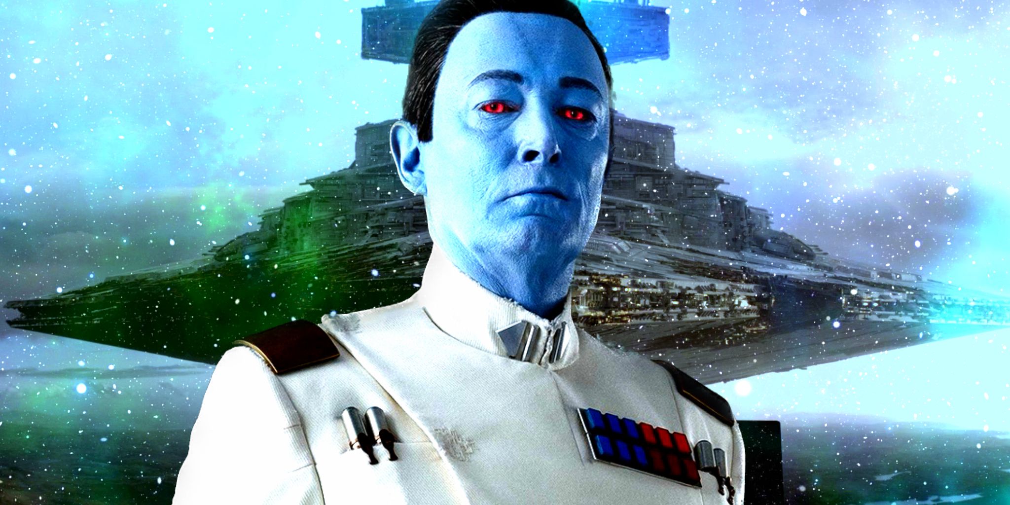 Grand Admiral Thrawn with his Chimaera Star Destroyer in the background.