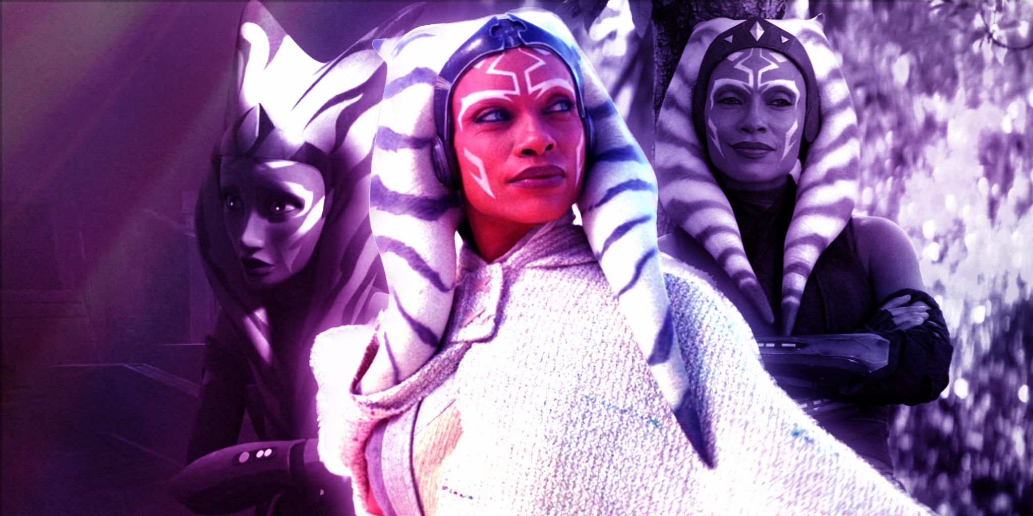 Ahsoka the White stands in the foreground, with Ahsoka on Malachor and Ahsoka on Ossus in the background.