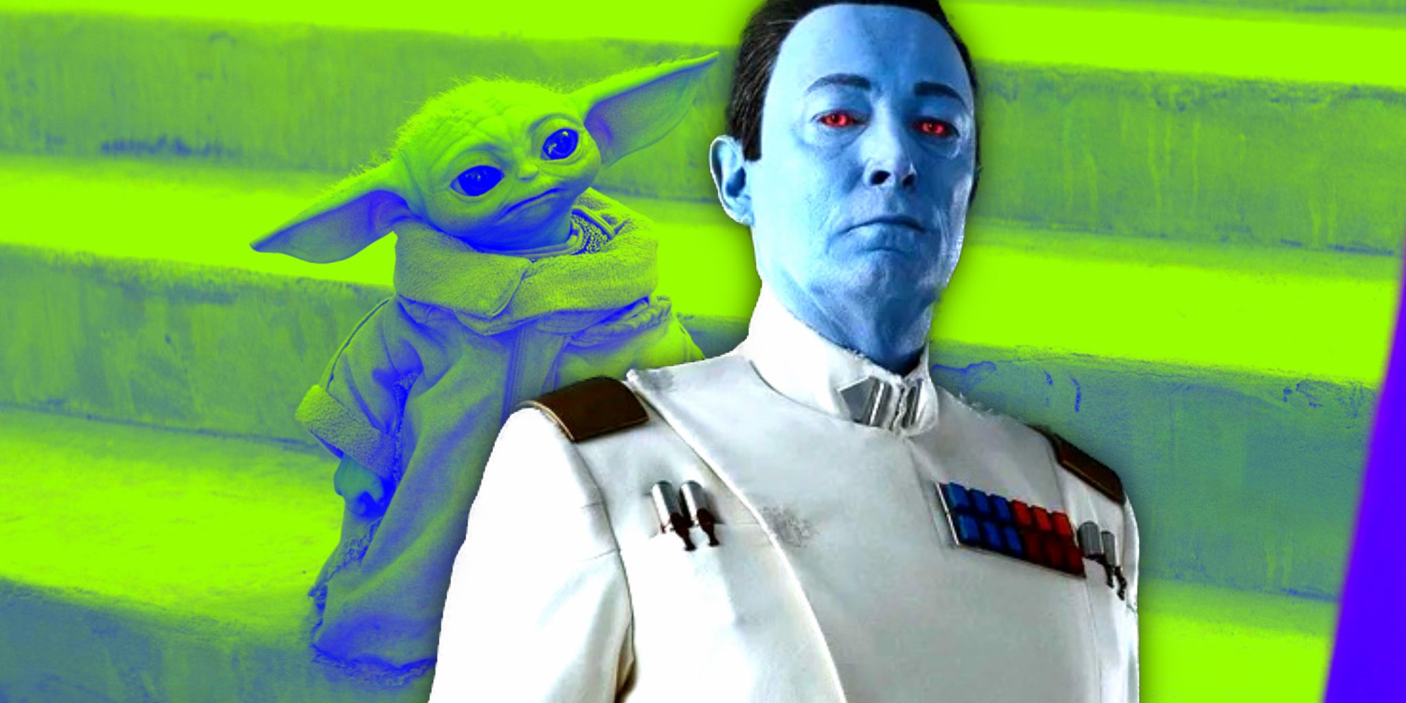 Grand Admiral Thrawn in the foreground, with The Mandalorian&rsquo;s Grogu in the background.