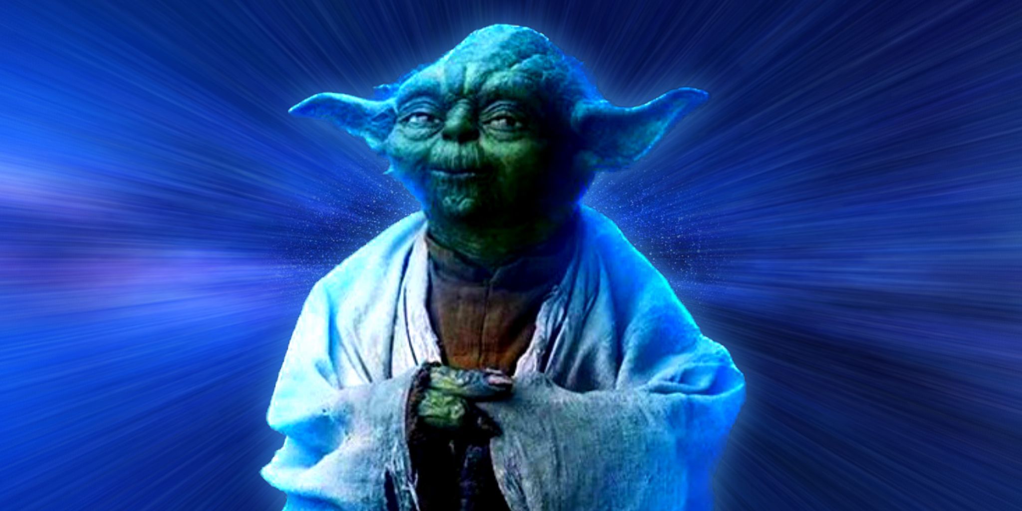 Yoda's Force ghost with a blurred background of stars