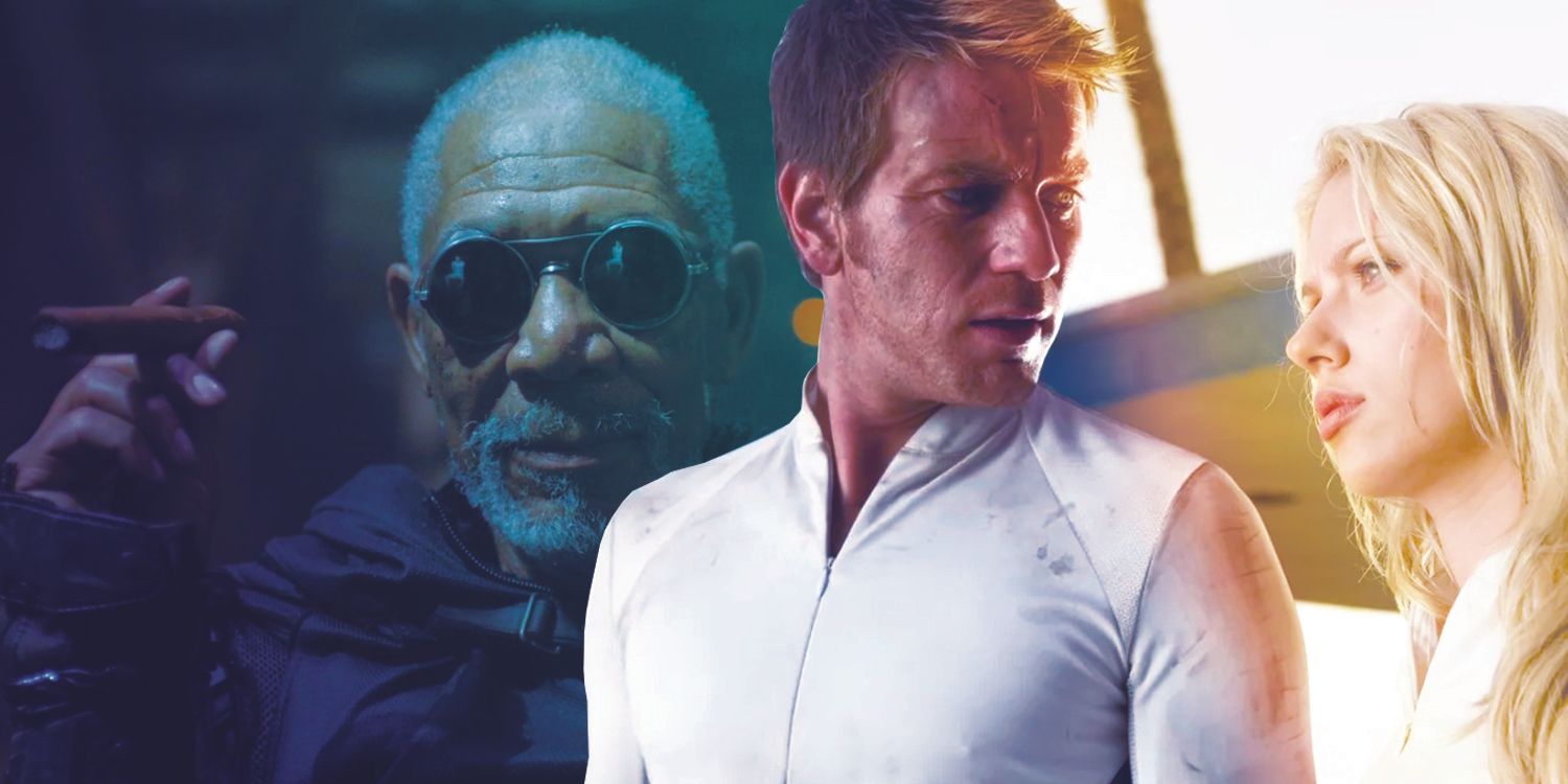 Blended image of Morgan Freeman in Oblivion, and Ewan MacGregor and Scarlett Johanson in The Island.