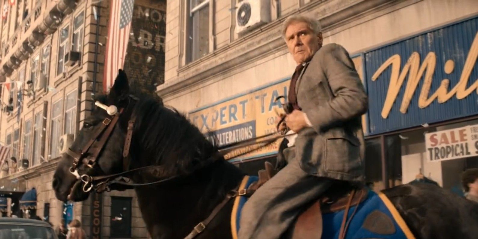 Indiana Jones riding a horse on Moon Day in Indiana Jones and the Dial of Destiny