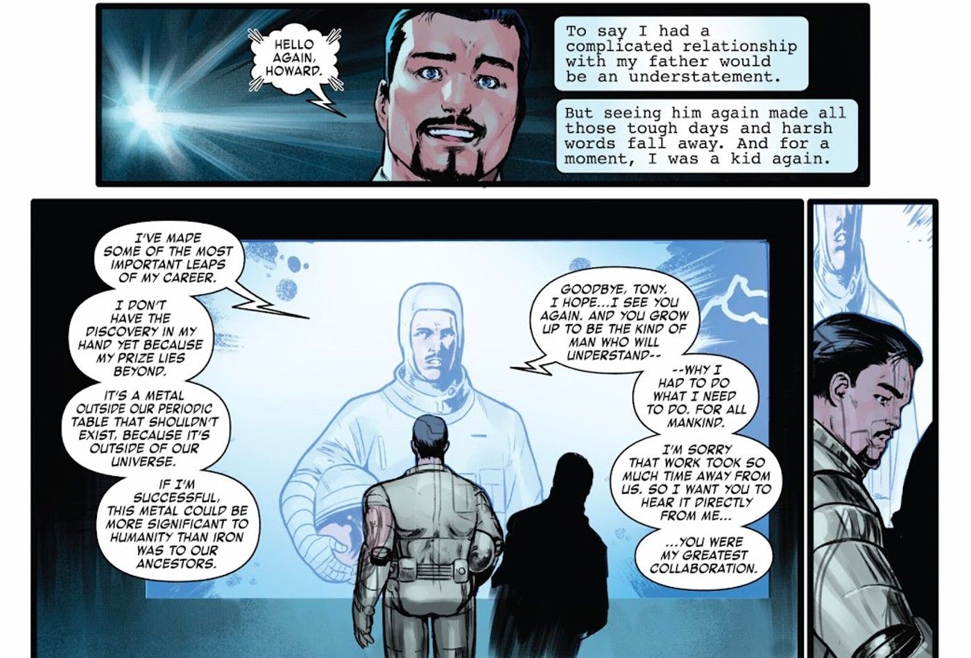 Invincible Iron Man #10, Tony finds an approving message for him from his dad in Feilong's mind