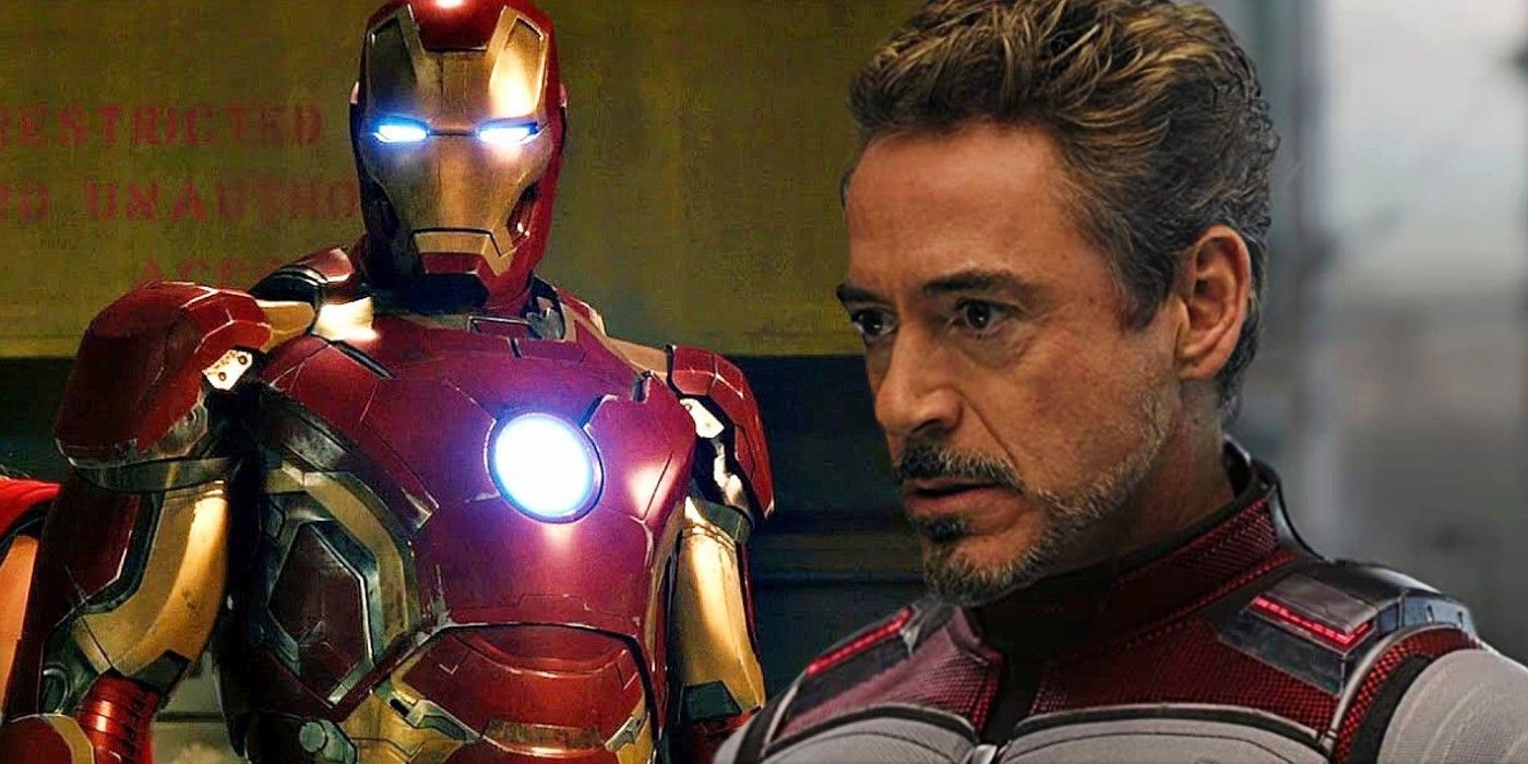 Custom image of Iron Man in Avengers: Age of Ultron and RDJ as Tony Stark with the time travel suit in Avengers: Endgame.