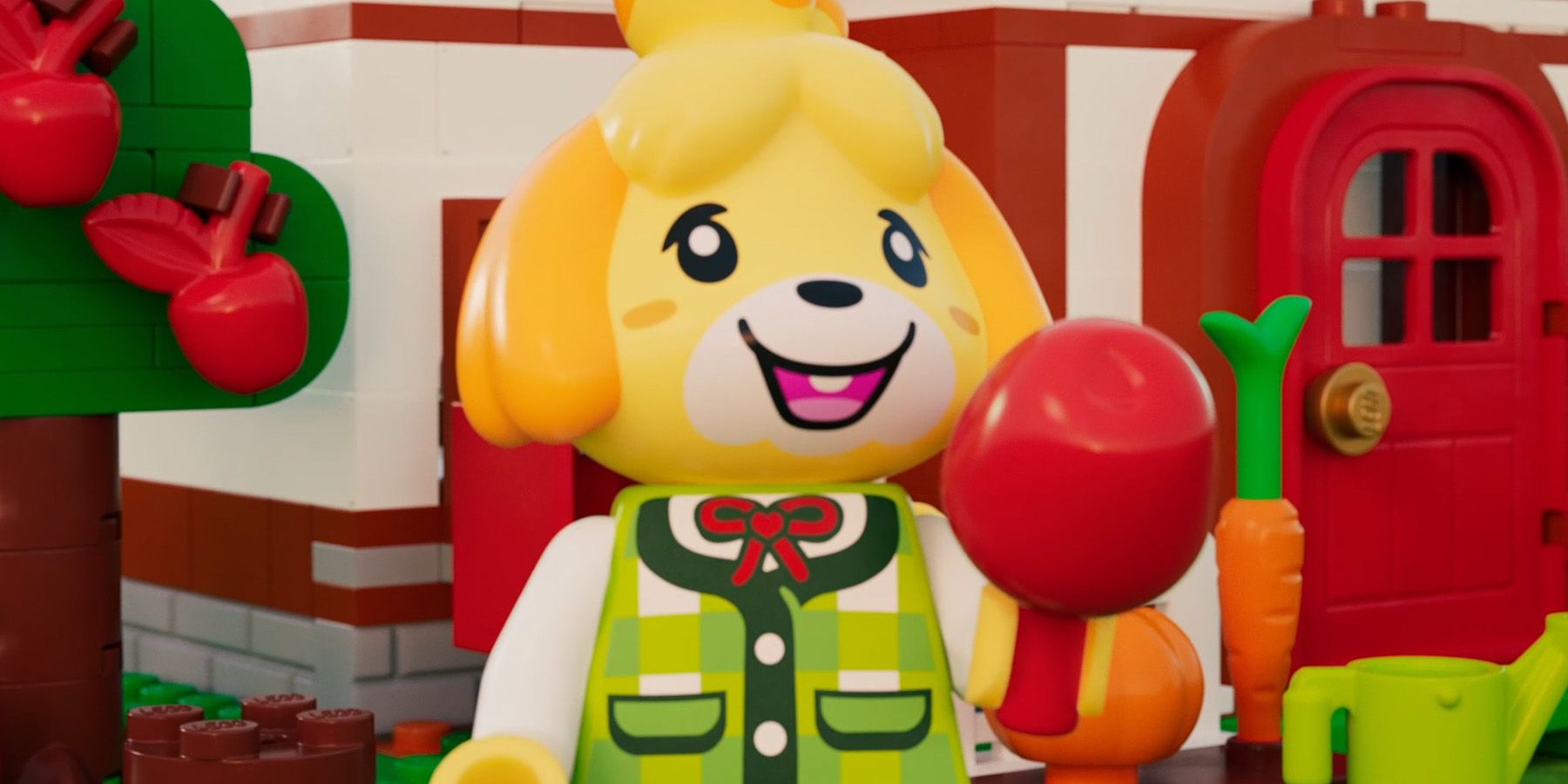 Yellow dog Isabelle with an apple in LEGO Animal Crossing