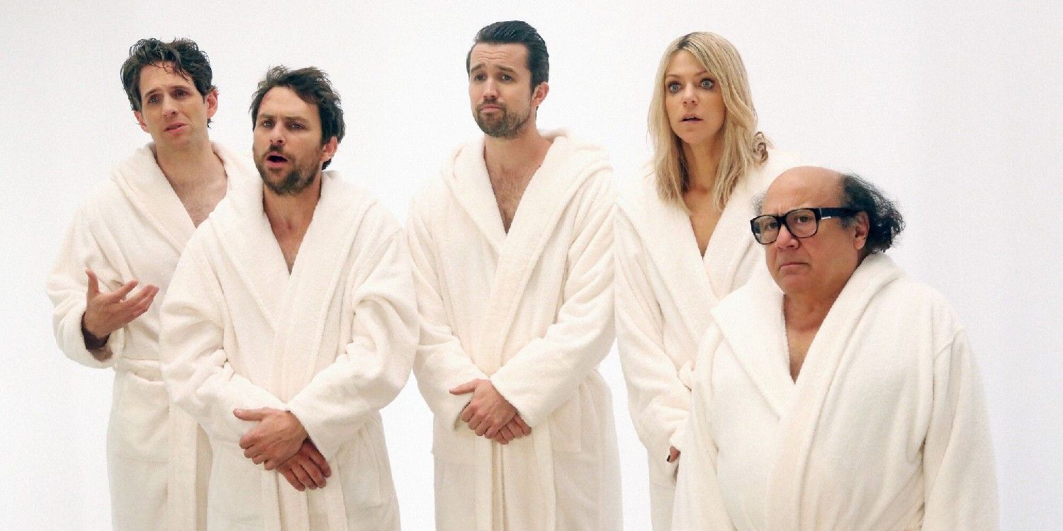 Dennis, Charlie, Mac, Dee, and Frank in white robes in It's Always Sunny in Philadelphia
