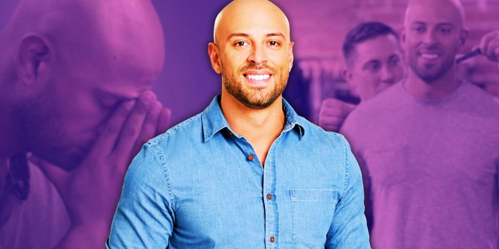 Montage of Love Is Blind season 5's Izzy Zapata with a purple filtered background featuring scenes from the pods
