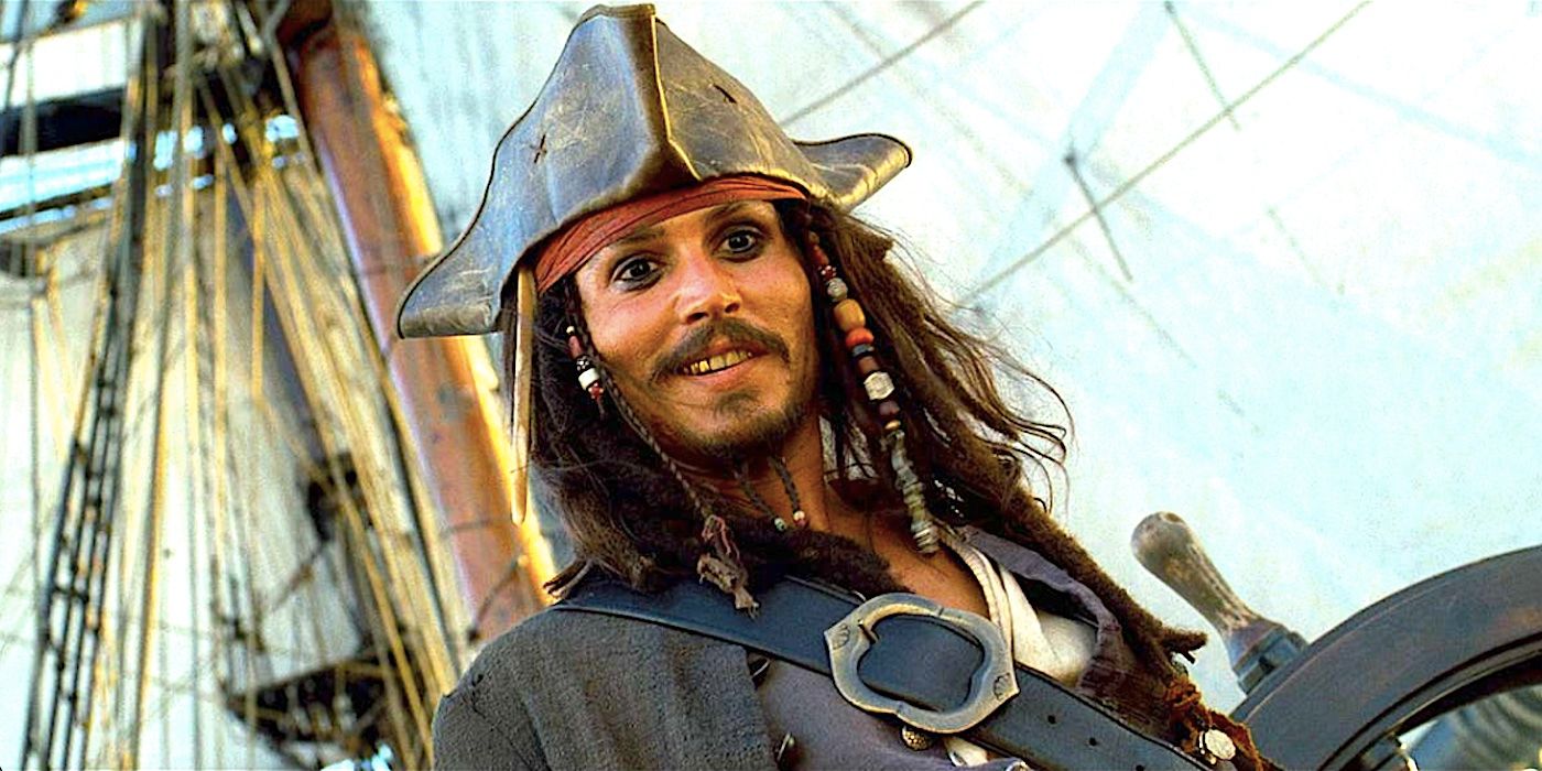 Jack Sparrow Grins as He Looks at His Ship's Crew in Pirates of the Caribbean: The Curse of the Black Pearl's Ending