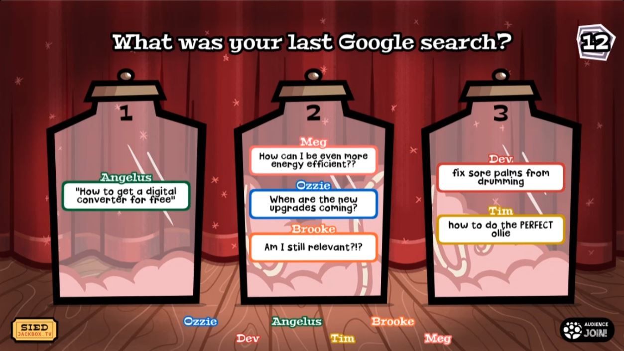 Jackbox Hypnotorious' three jars filled with responses to the question &ldquo;What was your last Google search?&quot;