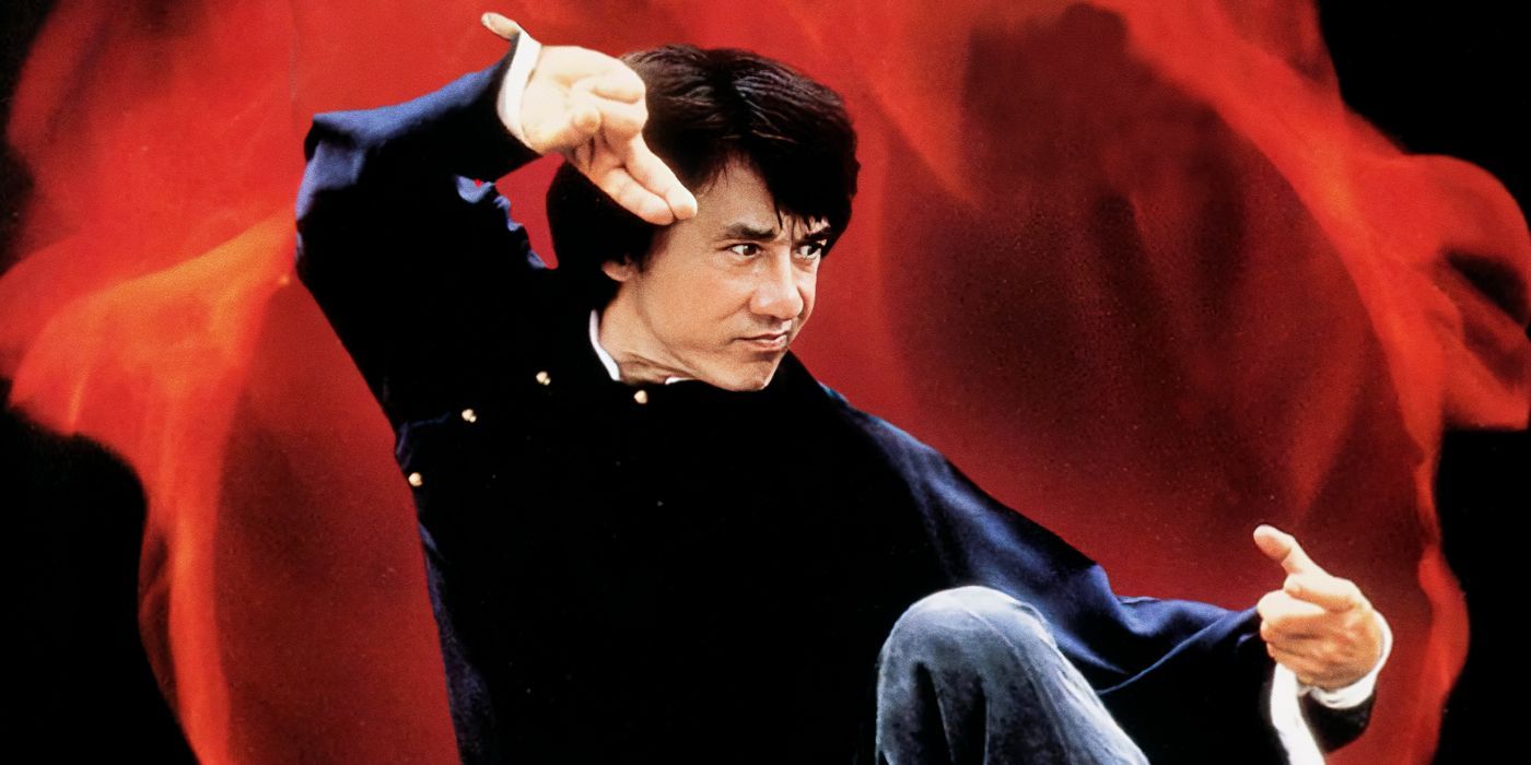 Jackie Chan lifting a leg in a fighting stance in Master with Cracked Fingers