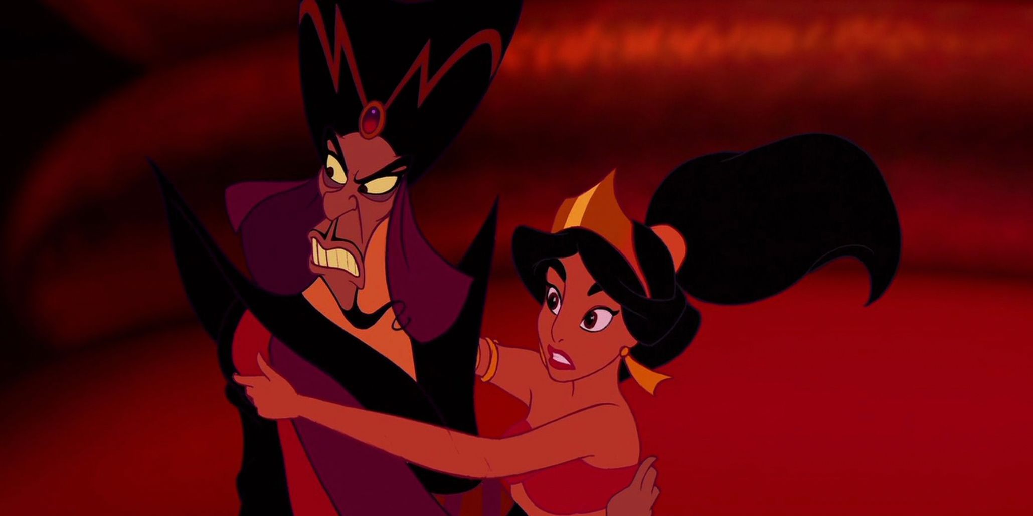 Jafar angrily turns away from Jasmine in the animated Aladdin movie