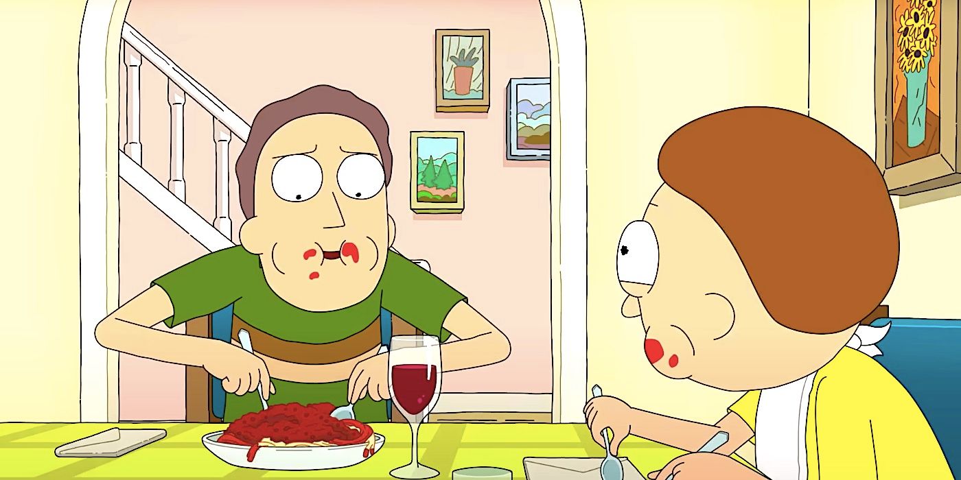 Jerry and Morty eat spaghetti and meatballs in Rick and Morty season 7 trailer
