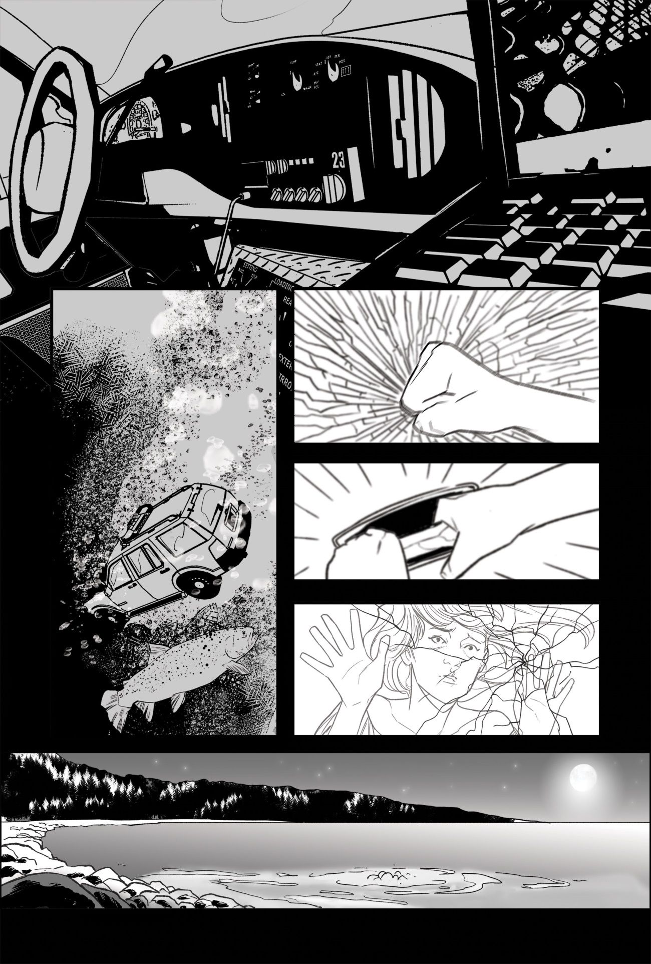 Jill and the Killers #1 from Oni Press, black & white preview page, woman trapped in car under water