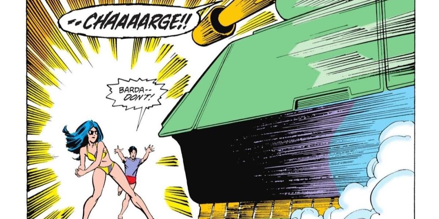 Scott Free and Big Barda versus a tank from JLI Annual 2.