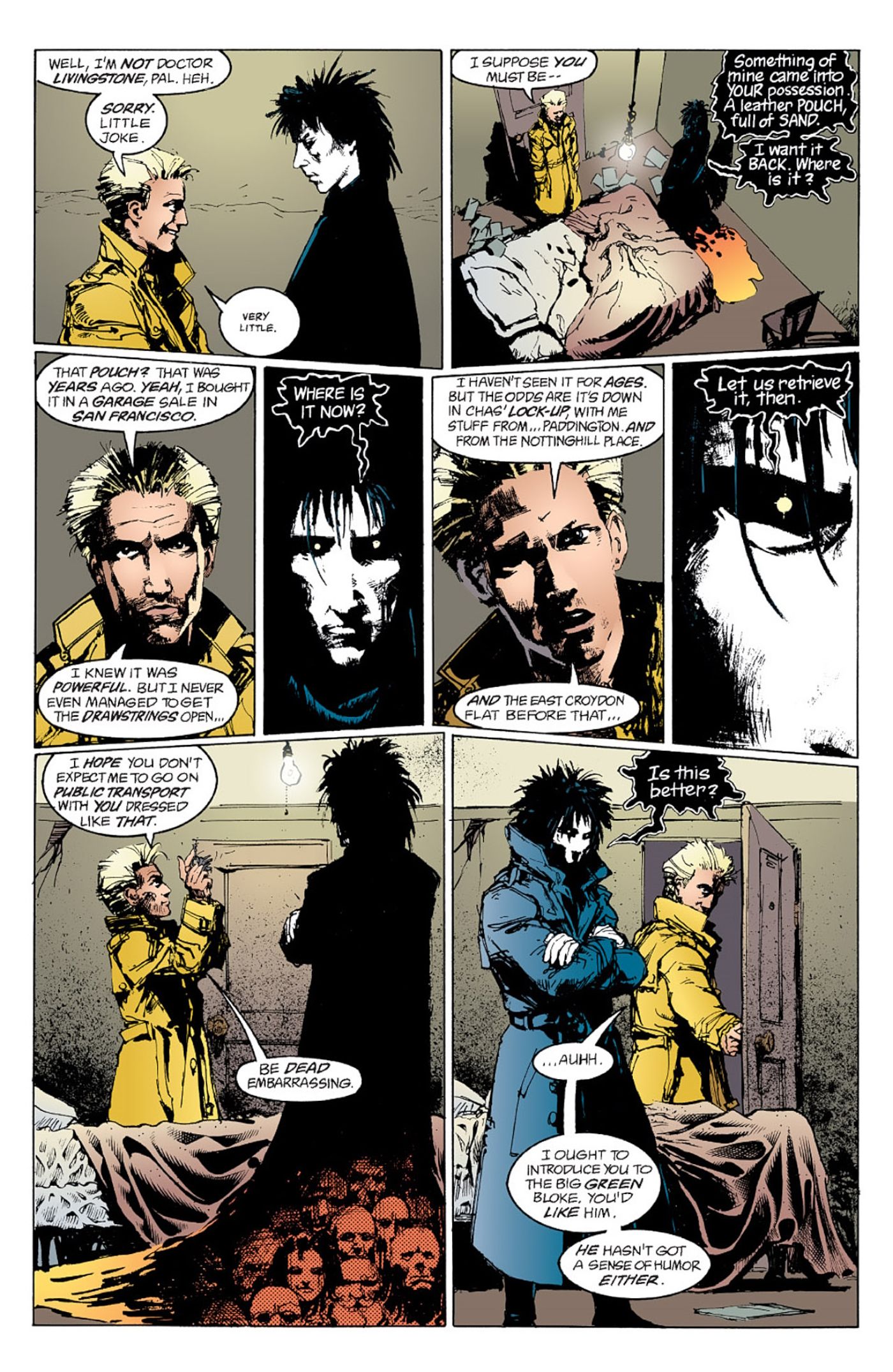 panels from Sandman #3, Constantine tells Dream he never opened the pouch of sand. (He did.)