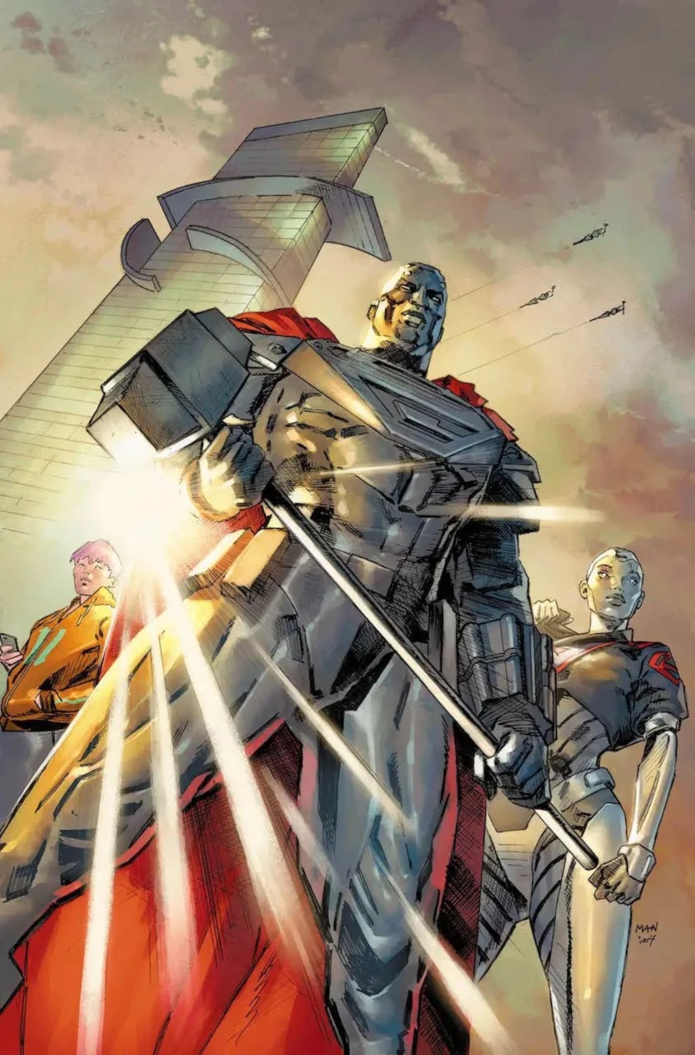 John Henry Irons, DC Comic Steel, standing with his hammer in front of Steel Tower