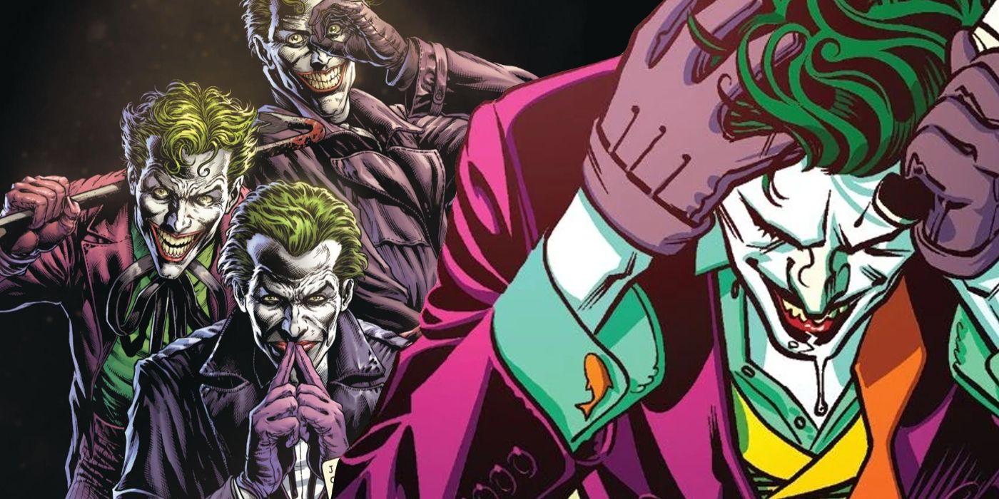 Comic book art: the Joker look down with the Three Jokers behind him.