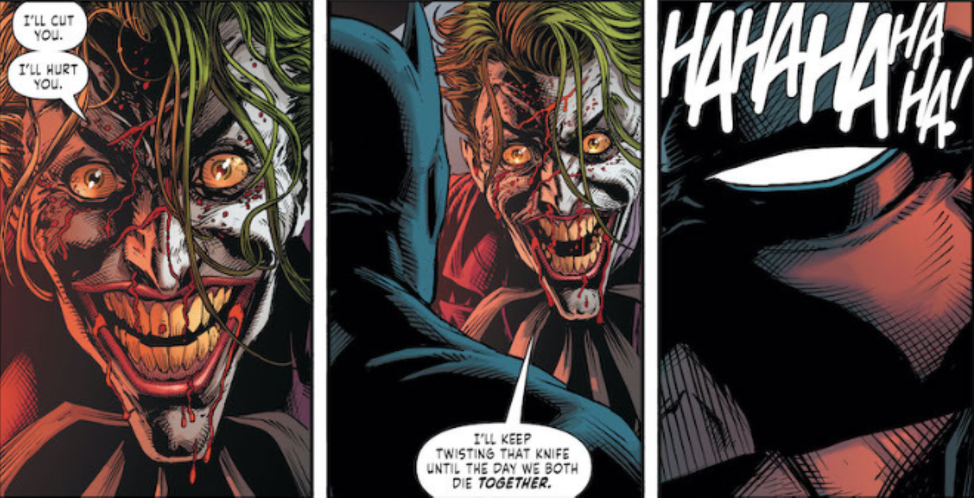 Joker screaming in passion at Batman that they will die together.