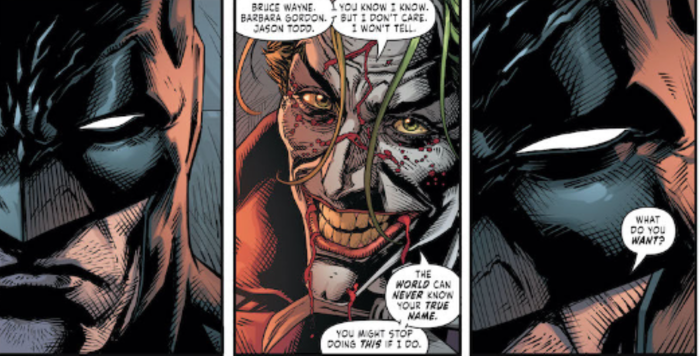 Batman: Three Jokers #3, Joker tells Batman that he doesn’t care that he is Bruce Wayne.