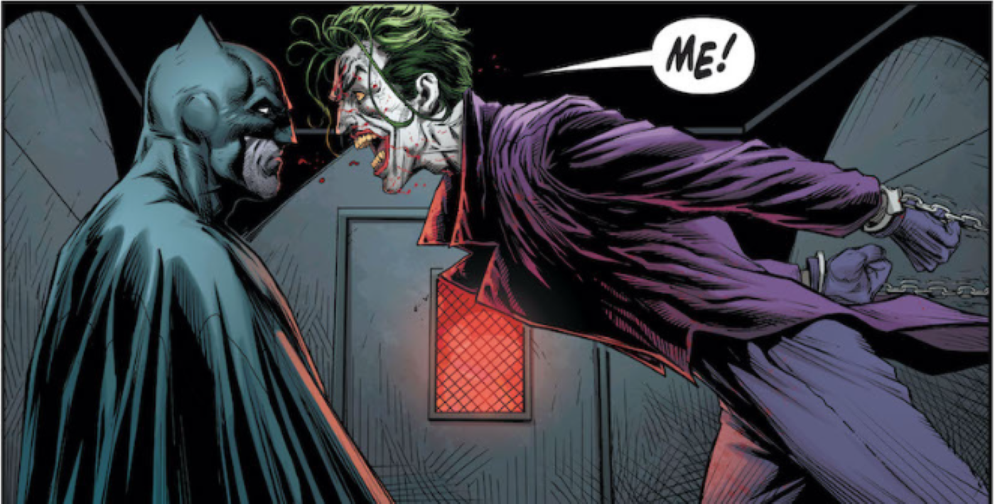 Joker and Batman are sitting in the police van and Joker is screaming ME! in his face.