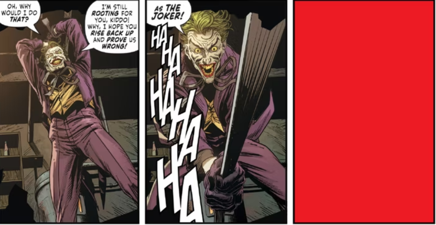 Joker está golpeando a Red Hood mientras está atado desnudo a una silla con solo su máscara de Red Hood pintada con la sonrisa del bromista.