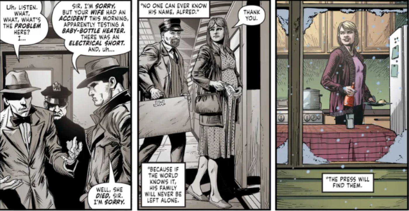 Flashback, the police helping Joker&rsquo;s wife escape; present, Joker&rsquo;s wife still alive, from Batman: Three Jokers #3