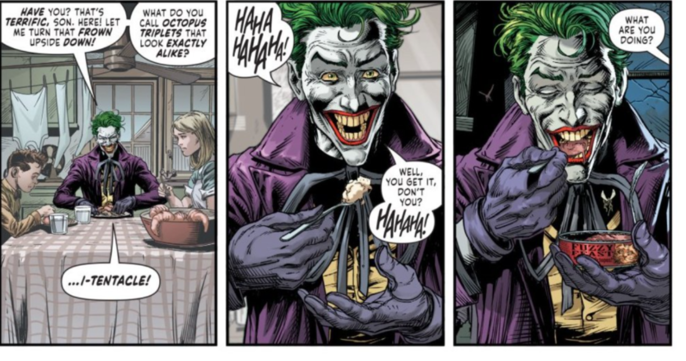 Joker imagining he&rsquo;s eating dinner with his dead family in Batman: Three Jokers #2