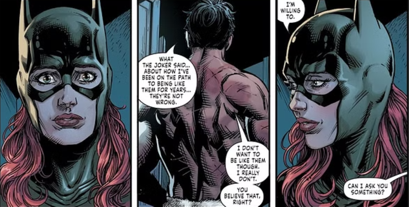 Panels from Three Jokers #2; Red Hood confesses to Batgirl that he doesn&rsquo;t want to be like Joker