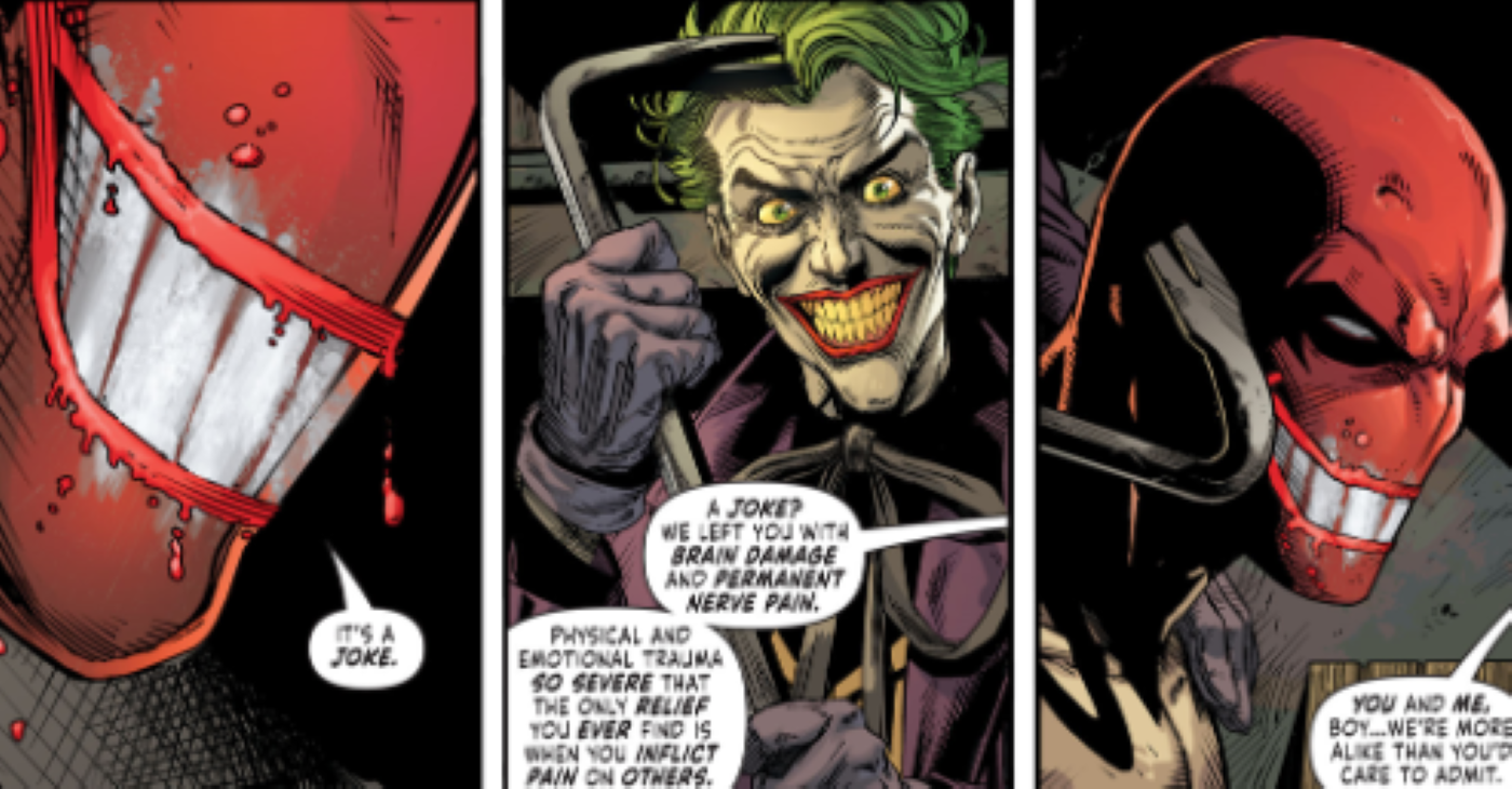 Panels from Batman: Three Jokers #2; Red Hood explains his name: &ldquo;it&rsquo;s a joke.&quot;