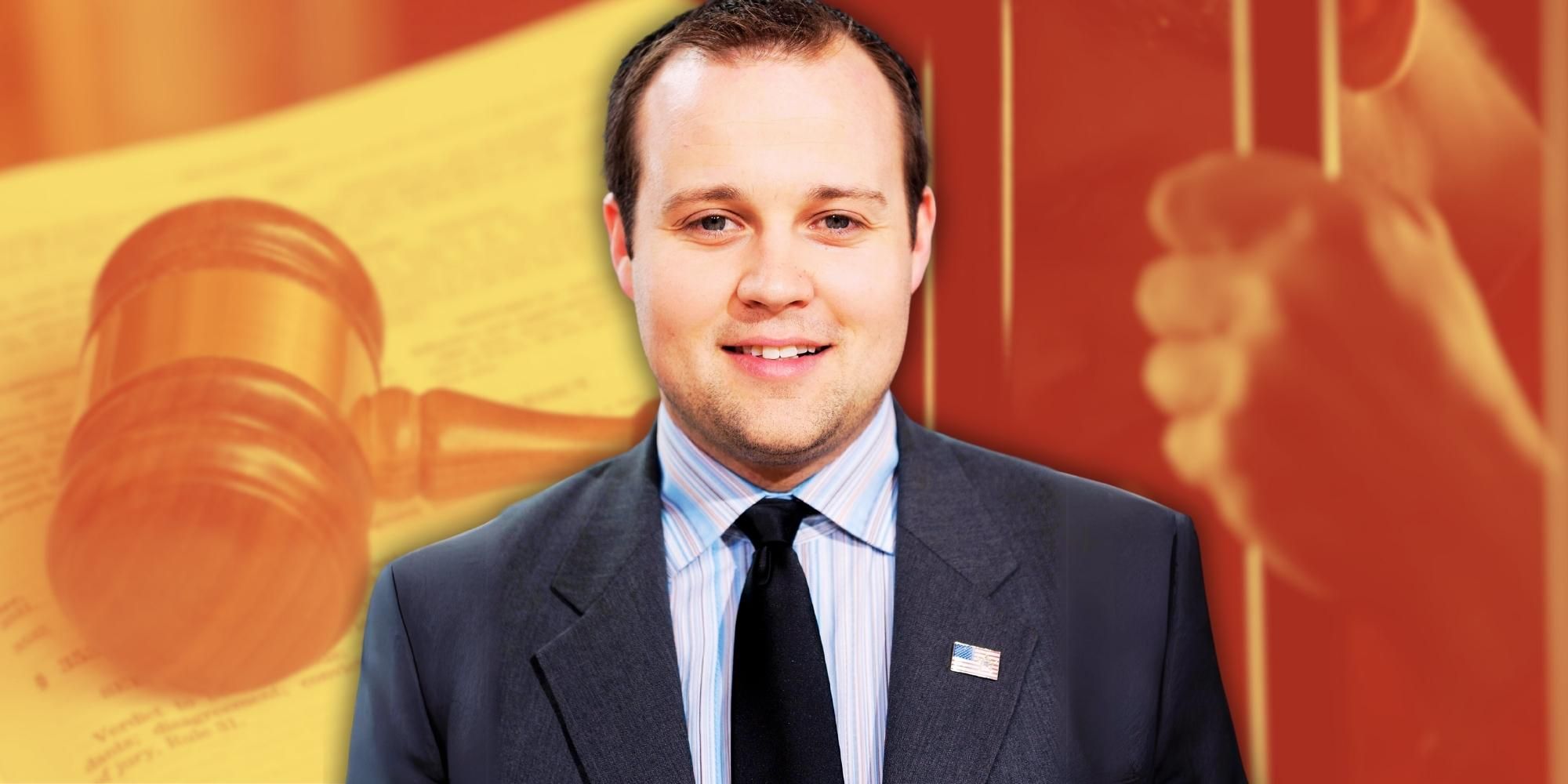 19 Kids & Counting alum Josh Duggar, with judge's gavel and jail cell bars behind him