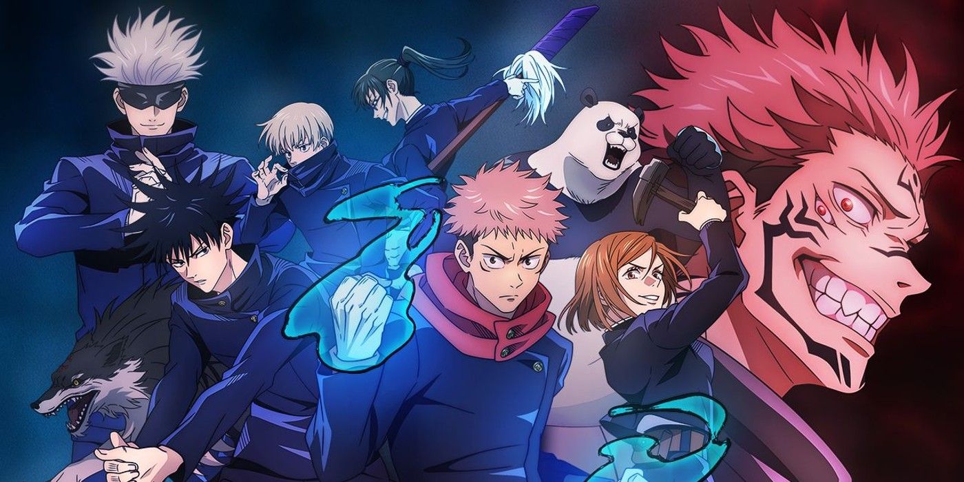 Jujutsu Kaisen's main cast showing off powers and weapons in front of dark background