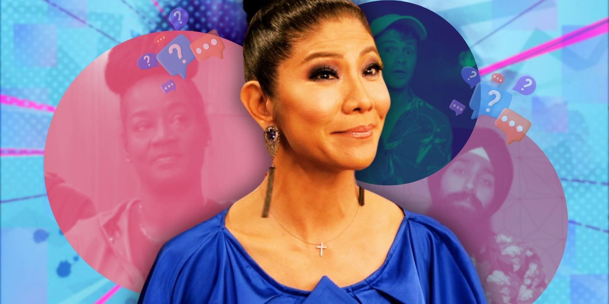Big Brother&rsquo;s Julie Chen Moonves, with Jag Bains, Cory Wurtenberger &amp; Cirie Fields in colorful circles