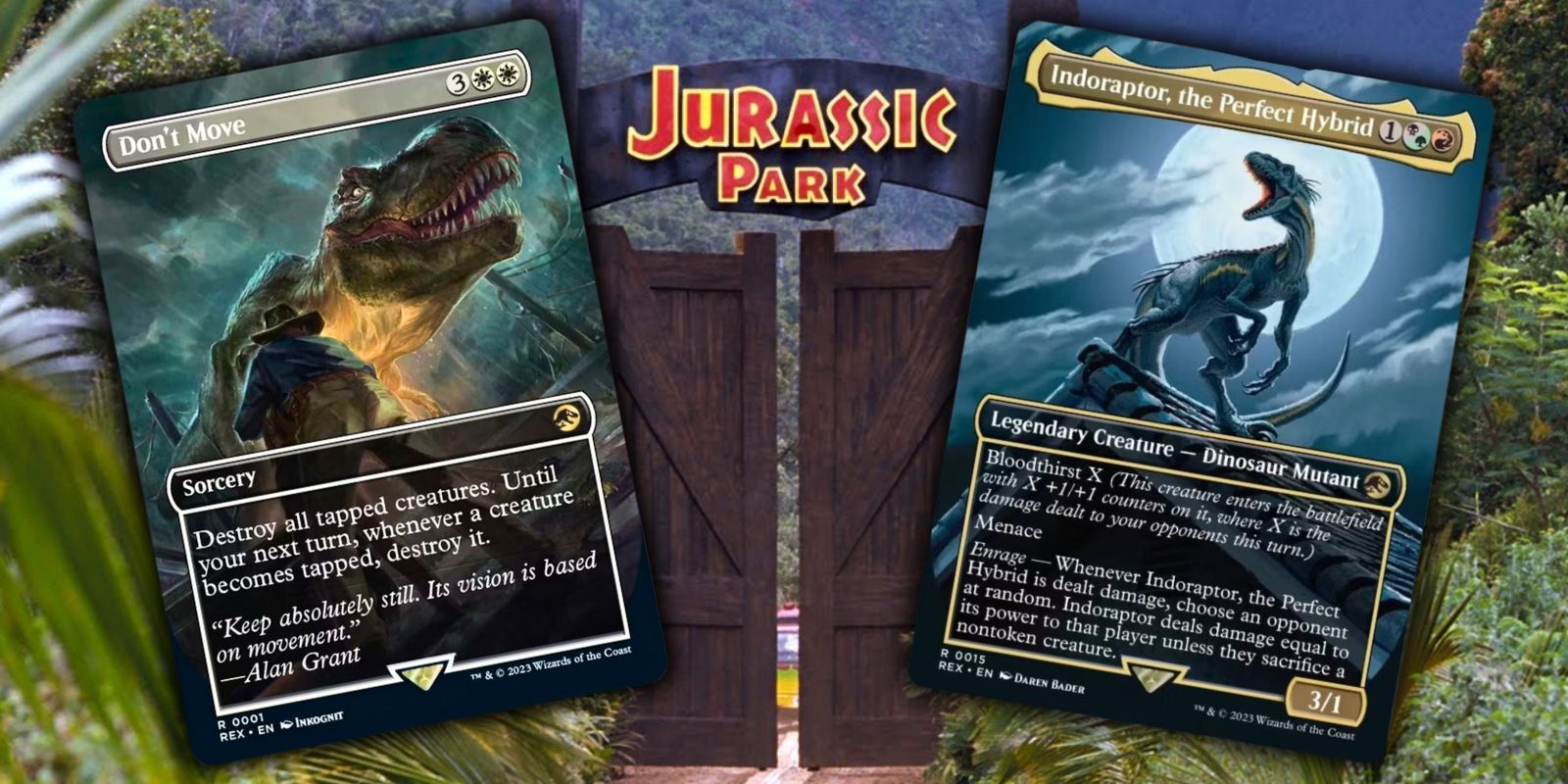 Jurassic Park MTG Cards With The Jurassic Park Gate Behind Them