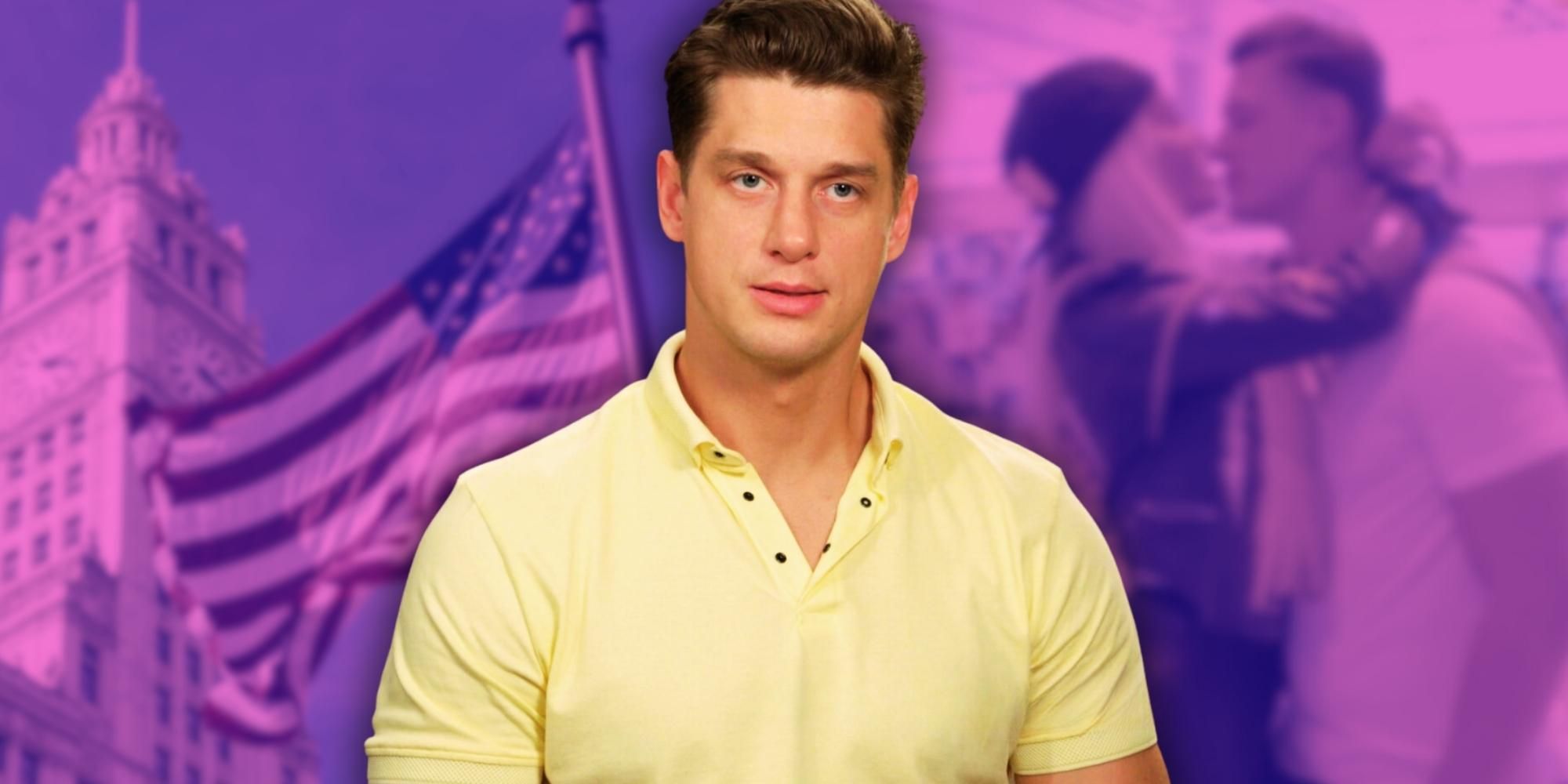 justin 90 day fiance in yellow shirt with purple background