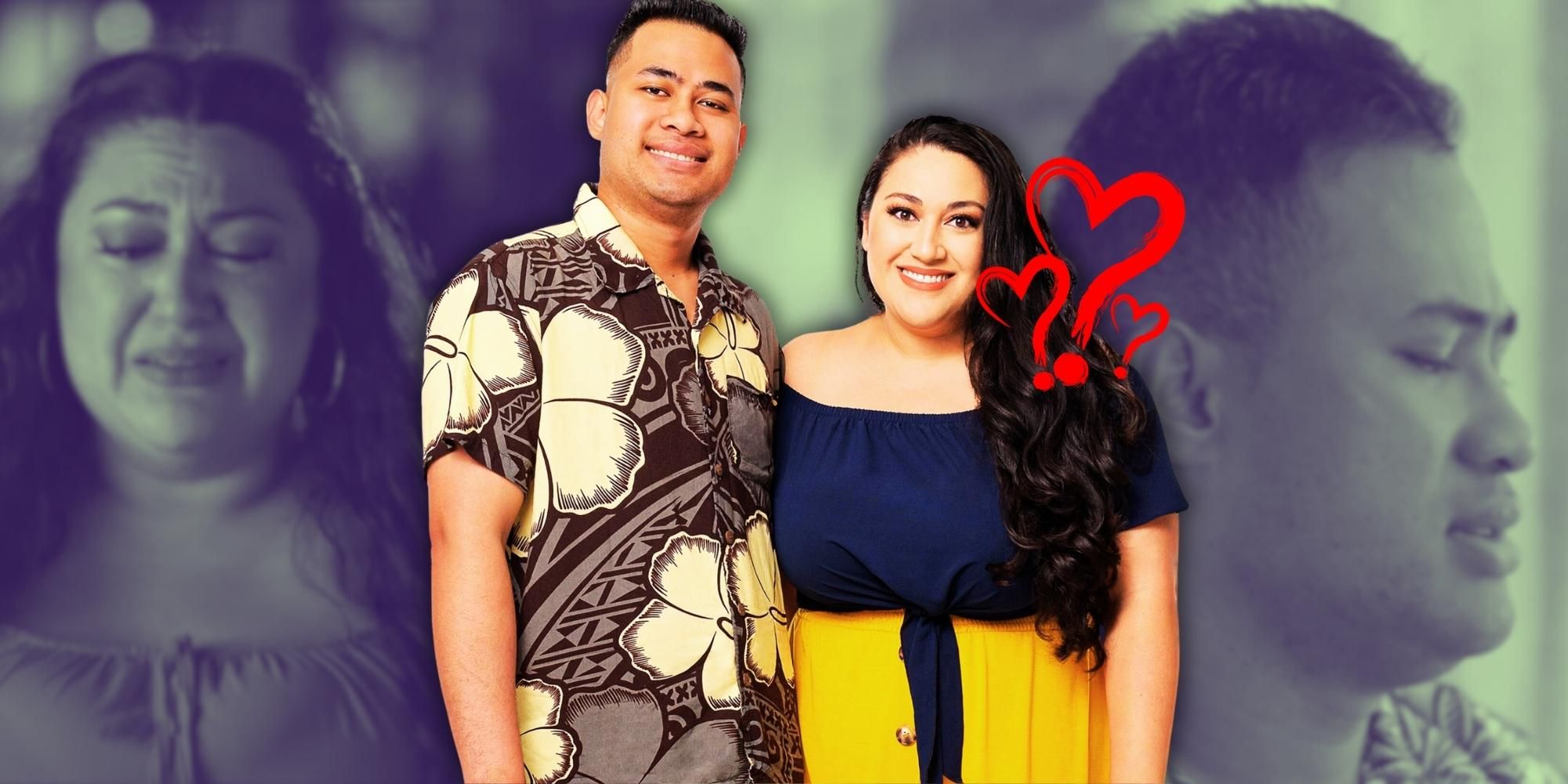 Montage of photos of Kalani and Asuelu from 90 Day Fiance with red question marks