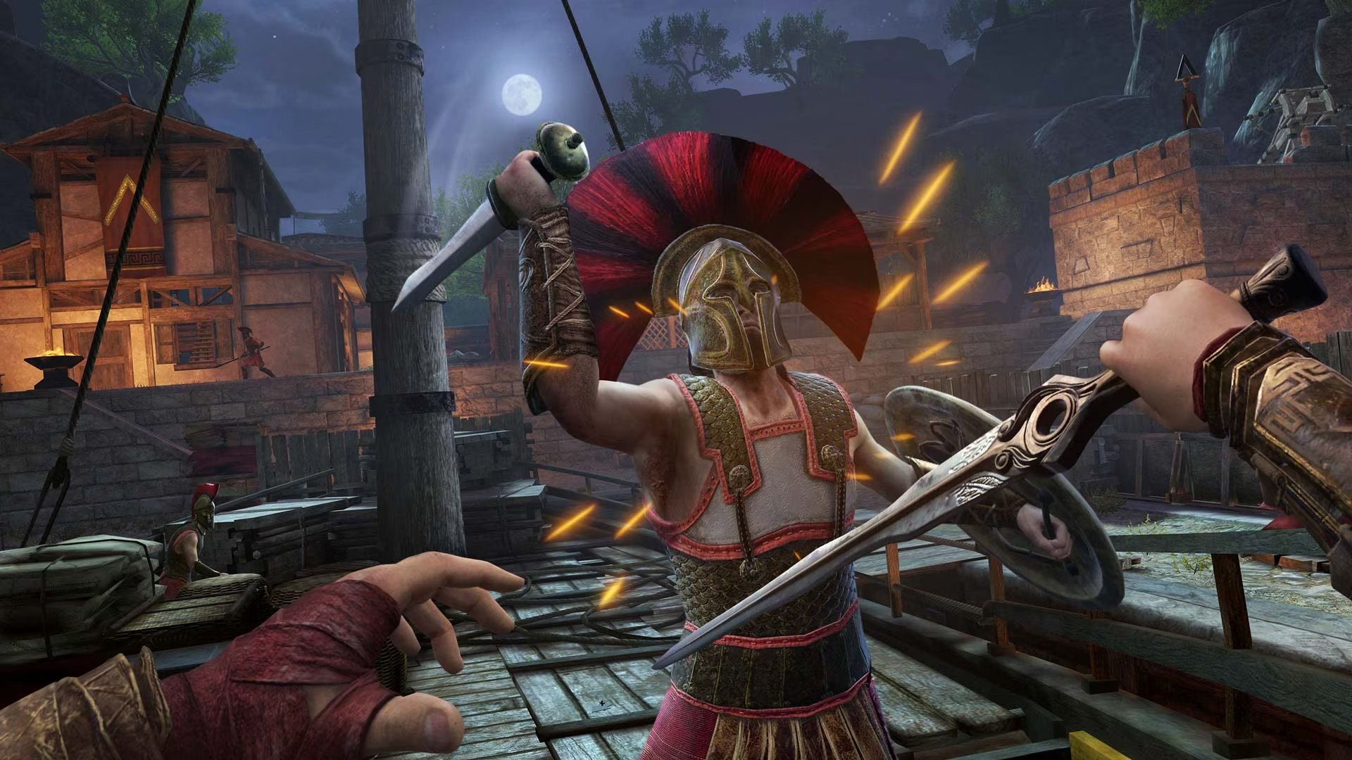 First-person gameplay of Kassandra fighting a soldier on a boat in Assassin's Creed Nexus VR