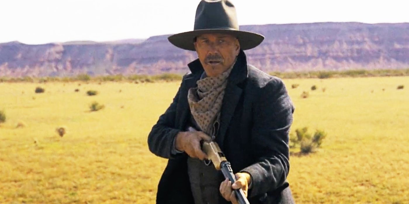 Kevin Costner holding a gun in Horizon: An American Saga.