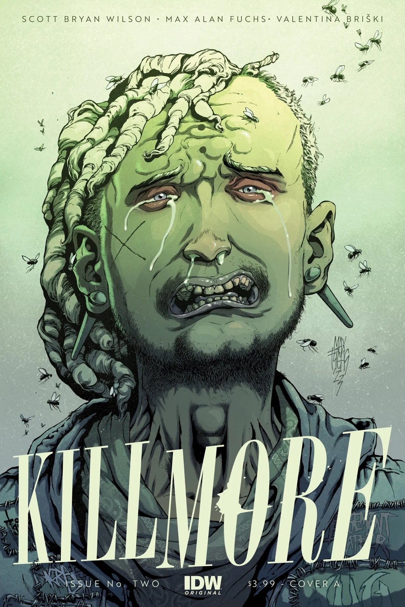 Cover for IDW&rsquo;s Kill More #2, featuring a crying man with dreadlocks, surrounded by buzzing flies