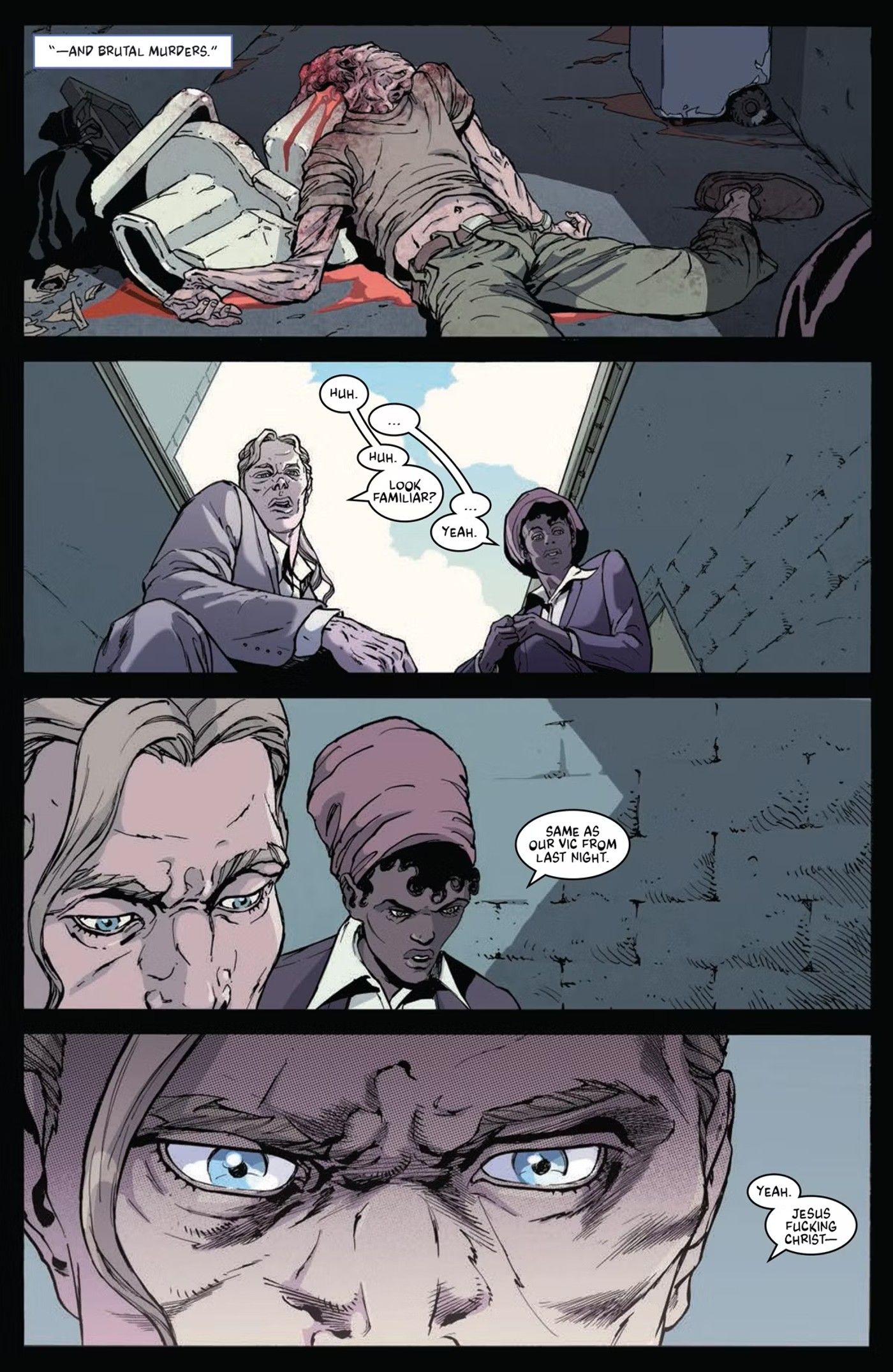 Preview page for IDW&rsquo;s Kill More #2, detectives approach a grisly murder scene