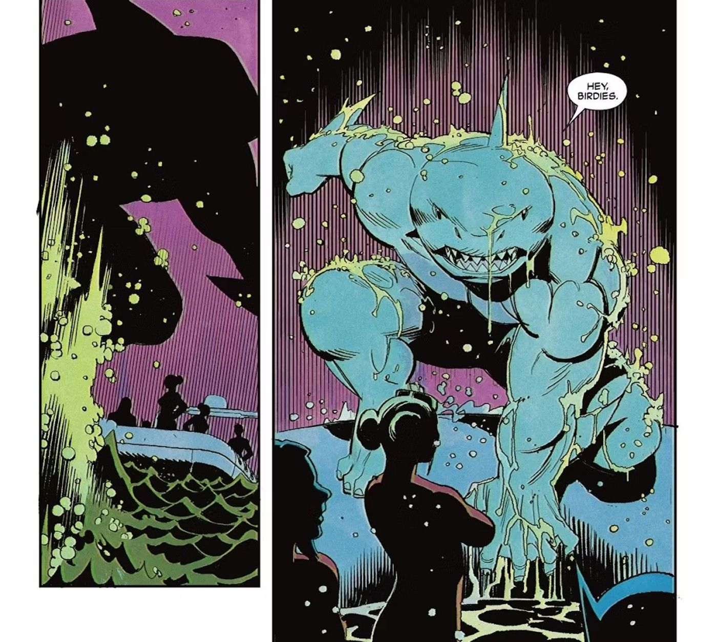 King Shark Emerges from Water and Greets the Birds of Prey