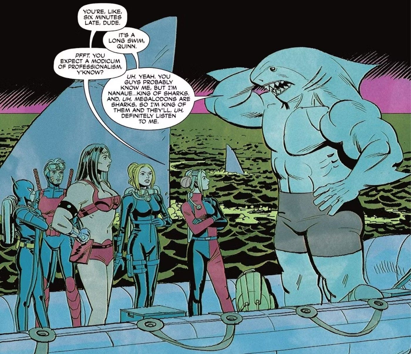 King Shark with the Birds of Prey on a Small Boat