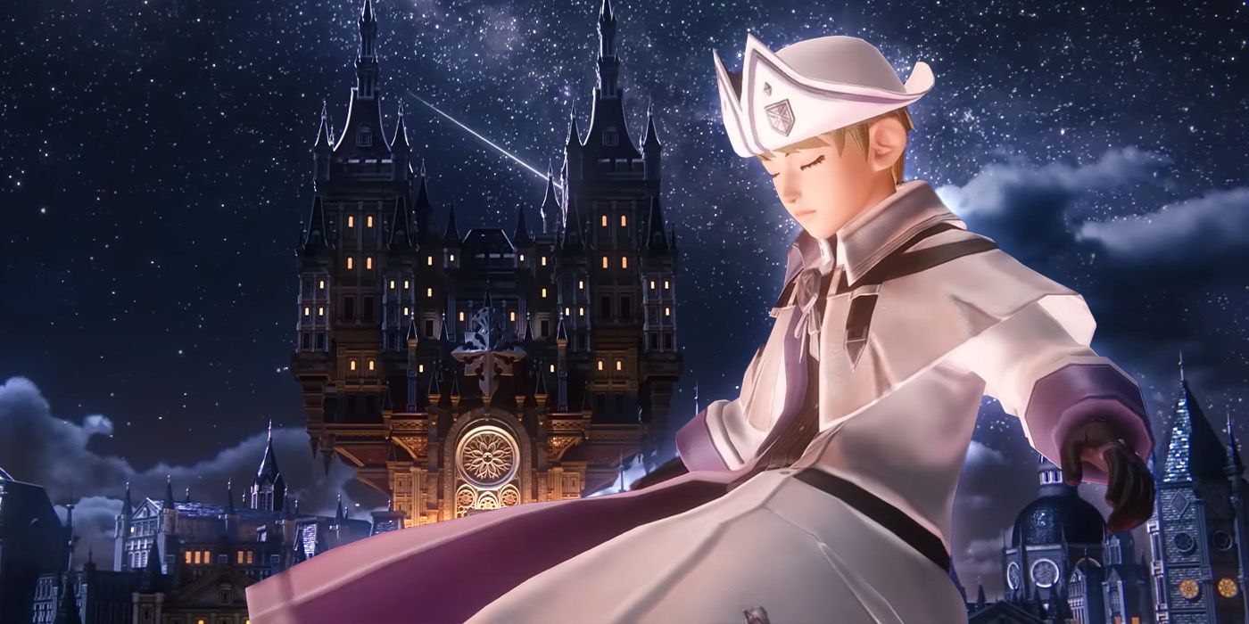 Kingdom Hearts Missing Link protagonist in front of a castle in the night sky.